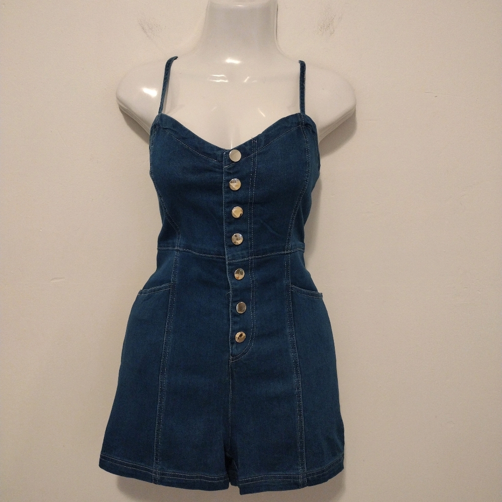 Fashion Nova Blue Denim Button-Front Romper - Picture 4 of 16